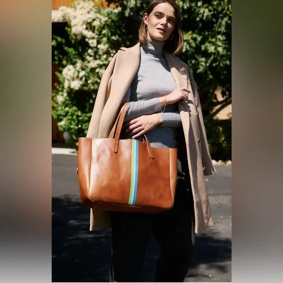 Brown Leather Tote Bag with Colorful Stripe - Picture 2 of 8